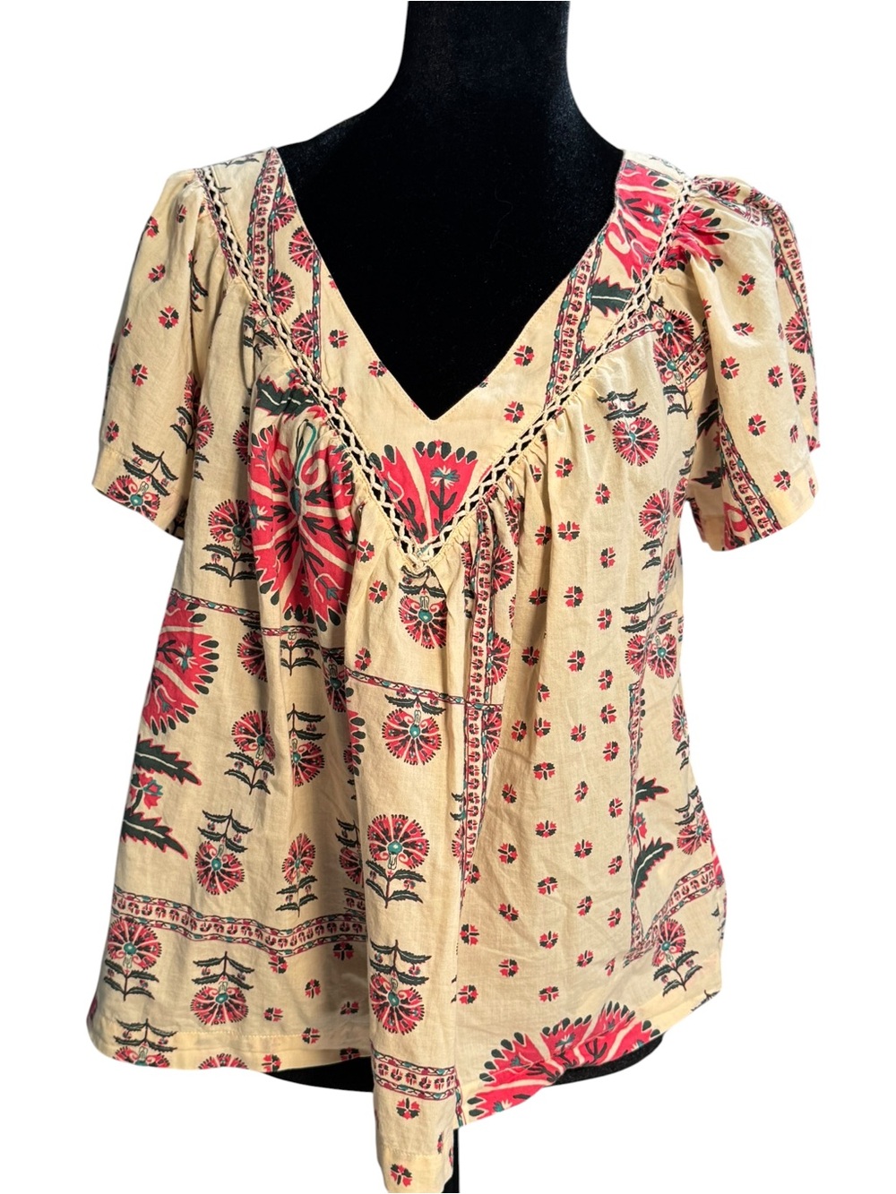 Haute Hippie Style Womens Medium Boho Floral Cotton V-Neck Crochet Lace‎ Blouse